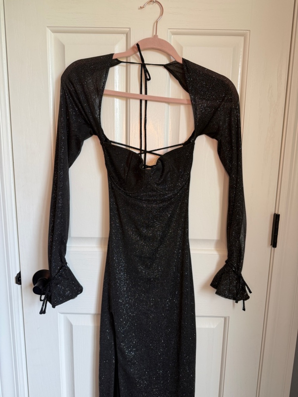 Black Sparkle Long-Sleeve Tie-Back Evening Gown